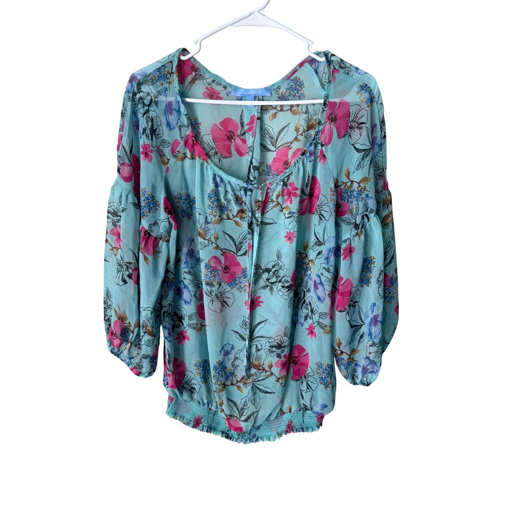 Aphorism Turquoise Floral Sheer Chiffon Balloon Sleeve Smocked Blouse Top Large